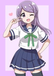 1girl black_thighhighs blue_sailor_collar blue_skirt chikadaioshi collarbone dot_nose feet_out_of_frame female_focus hair_ornament hairclip heart highres koisuru_asteroid long_hair looking_at_viewer one_eye_closed open_mouth sailor_collar school_uniform serafuku shirt short_sleeves skirt solo standing suzuya_moe thighhighs v white_shirt