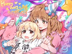 +_+ 2girls blonde_hair blue_hat brown_eyes brown_hair cheek_poking commentary_request futaba_anzu hair_ornament hat hk_(hk_0507) holding holding_stuffed_toy hug hug_from_behind idolmaster idolmaster_cinderella_girls index_finger_raised long_hair long_sleeves looking_at_another moroboshi_kirari multicolored_hat multiple_girls open_mouth party_hat pink_hat pink_shirt poking shirt smile star_(symbol) star_hair_ornament striped_hat stuffed_animal stuffed_rabbit stuffed_toy t-shirt tilted_headwear white_hat white_shirt