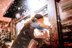 1boy 1girl aqua_eyes big_egg526 black_coat black_hat blue_scarf blush coat couple earrings green_eyes hair_between_eyes hair_tie hat hetero highres hug imminent_kiss jewelry link low_ponytail medium_hair nintendo parted_lips pointy_ears ponytail princess_zelda scarf short_hair sidelocks snow the_legend_of_zelda the_legend_of_zelda:_breath_of_the_wild the_legend_of_zelda:_tears_of_the_kingdom upper_body white_coat white_hat winter winter_clothes