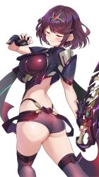 1girl aegis_sword_(xenoblade) alternate_color ass black_gloves bob_cut breasts closed_eyes closed_mouth commentary_request earrings fingerless_gloves from_behind gloves hand_up highres holding holding_sword holding_weapon jewelry large_breasts looking_back matrix16 micro_shorts purple_hair pyra_(xenoblade) red_shorts red_thighhighs short_hair shorts simple_background solo swept_bangs sword thighhighs tiara twisted_torso weapon white_background xenoblade_chronicles_(series) xenoblade_chronicles_2
