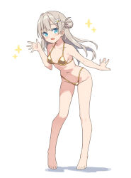 1girl :d bare_arms bare_legs bare_shoulders barefoot bikini blue_eyes breasts collarbone flower full_body gold_bikini grey_hair hair_bun hair_flower hair_ornament halterneck hand_up hatsunatsu leaning_forward long_hair looking_at_viewer navel open_mouth original shadow simple_background single_side_bun small_breasts smile solo sparkle standing swimsuit very_long_hair white_background white_flower