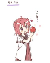 1girl ahoge akaza_akari apple blush_stickers brown_sailor_collar commentary_request cropped_torso double_bun dress flower_symbol food fruit hair_bun highres holding holding_food holding_fruit namori nanamori_school_uniform open_mouth pleated_dress purple_eyes red_dress red_hair sailor_collar school_uniform shirt short_hair short_sleeves simple_background solo translation_request white_background white_shirt yuruyuri