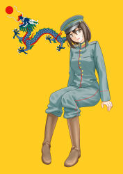 1girl absurdres boots brown_boots brown_eyes brown_hair chinese_empire flag_background hat high_collar highres invisible_chair military_uniform original peaked_cap qing_dynasty qing_dynasty_flag sitting solo user_pjza2387