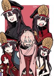 1boy 5girls ahoge arm_guards artist_name bikini black_bikini black_bodysuit black_bow black_hair blonde_hair blush bodysuit bow breasts cape chain cleavage collared_cape crest family_crest goma1021 grey_eyes hair_between_eyes hair_bow hair_over_one_eye hat highres jacket japanese_clothes kimono long_hair looking_at_viewer military_hat multiple_girls navel oda_kippoushi_(fate) oda_nobunaga_(fate) oda_nobunaga_(maou_avenger)_(fate) oda_nobunaga_(swimsuit_berserker)_(second_ascension)_(fate) oda_uri okita_souji_(fate) open_mouth peaked_cap pink_background pink_kimono ponytail popped_collar red_cape red_eyes red_hair shirt short_hair smile swimsuit two-tone_background white_background
