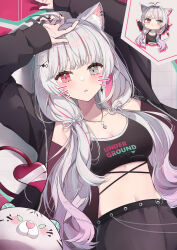 1girl animal_ear_fluff animal_ear_piercing animal_ears arms_up black_jacket black_nails black_shorts breasts chibi chibi_inset clothes_writing commentary crop_top dot_nose drawn_whiskers elphe english_text grey_eyes grey_hair grid_background hair_ornament hair_over_shoulder hairclip heterochromia highres ishigami_nozomi ishigami_nozomi_(2nd_costume) jacket jewelry kemonomimi_mode large_breasts long_hair looking_at_viewer low_twintails midriff multicolored_hair nail_polish necklace nijisanji open_clothes open_jacket open_mouth pink_eyes pink_streaks shorts solo streaked_hair symbol-only_commentary twintails virtual_youtuber