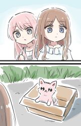 2girls bang_dream! bang_dream!_it&#039;s_mygo!!!!! blue_eyes box brown_hair cardboard_box chihaya_anon closed_mouth commentary dog grey_eyes highres jewelry long_hair lyy multiple_girls nagasaki_soyo necklace open_mouth pink_hair shirt sidelocks symbol-only_commentary white_shirt