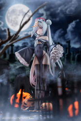 1girl absurdres alternate_costume alternate_hairstyle bare_shoulders black_choker black_eyes black_hairband black_thighhighs blue_archive china_dress chinese_clothes choker clothing_cutout colored_inner_hair commentary_request covered_navel cyohank double_bun dress figure_(medium) flat_chest frilled_skirt frills full_body full_moon hair_bun hair_over_one_eye hairband halo highleg highleg_panties highres jack-o&#039;-lantern jiangshi jiangshi_costume long_hair long_sleeves looking_at_viewer meunhongcha moon multicolored_hair night off_shoulder ofuda ofuda_on_clothes ofuda_on_head one_eye_covered panties pelvic_curtain photo_(medium) pink_hair plana_(blue_archive) red_halo side_slit skirt sleeves_past_fingers sleeves_past_wrists soles solo talisman thighhighs twintails underboob_cutout underwear white_hair
