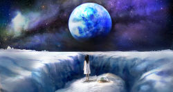 00 1girl barefoot black_hair blurry commentary dress earth_(planet) female_focus from_behind galaxy highres horizon long_hair looking_afar moon on_moon original planet plant scenery sleeveless sleeveless_dress solo space surreal white_dress