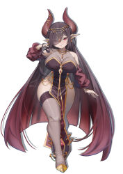 arm_at_side asymmetrical_bangs black_hair blunt_ends breasts cleavage commentary commission curvy demon_girl demon_horns detached_sleeves dress drop_shadow earclip earrings english_commentary eyes_visible_through_hair full_body gie_(gienara) gradient_hair hair_flip half_updo head_chain highres horns jewelry large_breasts long_hair multicolored_hair narrow_waist original pelvic_curtain pink_eyes red_eyes red_hair red_horns red_sleeves see-through_cleavage see-through_clothes shortstack sideless_dress sideless_outfit simple_background single_leg_bodysuit single_thighhigh smug straight-on strapless strapless_dress thighhighs very_long_hair white_background wide_hips