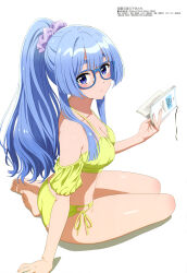 1girl absurdres arm_support armpit_crease artist_request bare_arms bare_legs bare_shoulders barefoot bikini blue-framed_eyewear blue_eyes blue_hair blunt_bangs book breasts cleavage closed_mouth collarbone copyright_name copyright_notice expressionless glasses green_bikini hair_ornament hair_scrunchie highres holding holding_book large_breasts light_blush long_hair long_sidelocks looking_at_viewer looking_to_the_side magazine_scan megami_magazine off-shoulder_bikini off_shoulder official_art ponytail purple_scrunchie scan scrunchie shade shiny_skin shiunji-ke_no_kodomotachi shiunji_seiha side-tie_bikini_bottom sidelocks simple_background sitting solo swimsuit very_long_hair wavy_hair white_background yokozuwari