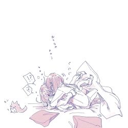 !? 2girls barefoot blush commentary_request highres hug kiss long_hair multiple_girls nagatasanzui on_bed original pajamas pants pillow spoken_interrobang sweat translation_request yuri