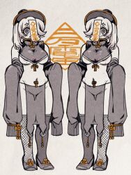 2girls absurdres areola_slip asymmetrical_legwear blush bow breasts chinese_clothes detached_sleeves fishnet_thighhighs fishnets full_body hat high_heels highres igawa20000volt jiangshi large_breasts loincloth mole mole_on_breast monster_girl multiple_girls ofuda ofuda_on_head original short_hair siblings side_ponytail sleeves_past_fingers sleeves_past_wrists symmetry thick_eyebrows thighhighs twins underboob white_hair