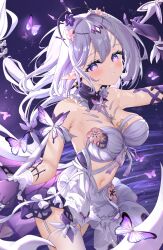 1girl bare_shoulders black_tiara blush breasts bug butterfly castorice_(honkai:_star_rail) cleavage clothing_cutout commentary_request dress flower flower_ornament garter_straps hair_flower hair_ornament highres hiyada_yuu honkai:_star_rail honkai_(series) insect large_breasts long_hair navel parted_lips purple_butterfly purple_eyes purple_hair purple_hands purple_sky sky solo stomach_cutout thighhighs thighs tiara white_dress white_thighhighs