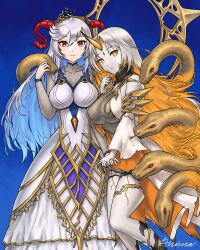 2girls absurdres blonde_hair blue_background blue_eyes bodystocking breasts collarbone colored_inner_hair curled_horns detached_sleeves dress facial_mark fire_emblem fire_emblem_heroes freyja_(fire_emblem) goat_horns grey_hair grimaisbestwaifu gullveig_(fire_emblem) hair_between_eyes highres holding_hands horns large_breasts long_hair long_sleeves looking_at_viewer mixed-language_commentary multicolored_hair multiple_girls nintendo pale_skin red_eyes red_horns signature simple_background single_horn snake snake_hair swept_bangs two-tone_hair very_long_hair white_dress yellow_eyes