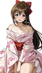 Rule 34 | 1girl, bare shoulders, between legs, bow, brown hair, cherry blossom print, collarbone, commentary request, floral print, floral print kimono, grey eyes, hair bow, hand between legs, highres, japanese clothes, kimono, looking at viewer, love live!, love live! nijigasaki high school idol club, obi, open mouth, osaka shizuku, pink kimono, print kimono, red bow, red sash, sash, sitting, socks, solo, squeans, tabi, white socks, zaofeng