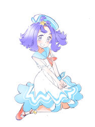 1girl absurdres acerola_(pokemon) acerola_(summer_2024)_(pokemon) blue_sailor_collar dress full_body grey_eyes hair_ornament hairclip hat highres looking_at_viewer neckerchief nintendo official_alternate_costume pokemon pokemon_masters_ex purple_hair red_neckerchief sailor_collar sailor_dress sailor_hat short_hair solo u4_99384295 white_background white_dress