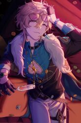 1boy aqua_shirt aventurine_(honkai:_star_rail) black_gloves black_jacket blonde_hair collared_shirt cup djinchnizhnsh1 earrings eyewear_on_head glasses gloves grey_pants hair_between_eyes highres holding holding_cup honkai:_star_rail honkai_(series) jacket jewelry lying male_focus pants pink_eyes pouring pouring_onto_self shirt short_hair smile solo