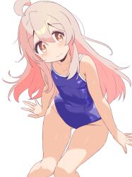 Rule 34 | 1girl, ahoge, blue one-piece swimsuit, breasts, brown eyes, commentary request, competition school swimsuit, feet out of frame, head tilt, highres, invisible chair, long hair, looking at viewer, one-piece swimsuit, onii-chan wa oshimai!, oyama mahiro, pink hair, school swimsuit, shirosakiyomogi, simple background, sitting, small breasts, smile, solo, swimsuit, white background