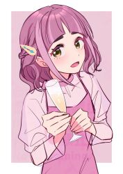 1girl :d alternate_costume alternate_hairstyle arched_bangs brown_eyes commentary_request cup dress drinking_glass hair_ornament hairclip highres holding holding_cup lacey_(pokemon) looking_at_viewer nintendo open_mouth pink_dress pink_hair pokemon pokemon_sv saotome_(neptune_0416) see-through_clothes see-through_sleeves short_hair smile solo upper_body wine_glass