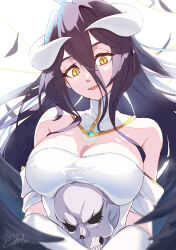 1girl absurdres albedo_(overlord) armpit_crease artist_name black_hair black_wings breasts cleavage cobato. collar commentary detached_collar detached_sleeves dress eyelashes hair_between_eyes hair_over_shoulder highres holding_skeleton horns large_breasts long_bangs long_hair long_sidelocks looking_at_viewer low_wings open_mouth overlord_(maruyama) oversized_wings sidelocks simple_background skeleton slit_pupils smile solo upper_body watermark white_background white_collar white_dress white_horns white_sleeves wings yellow_eyes