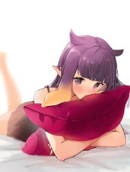 1girl blunt_bangs blurry blush depth_of_field gradient_hair highres hololive hololive_english hugging_object kana_yukino long_hair looking_at_viewer lying multicolored_hair ninomae_ina&#039;nis on_stomach orange_hair pillow pillow_hug pointy_ears purple_eyes purple_hair sidelocks solo tentacle_hair virtual_youtuber