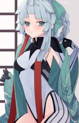 1388chan 1girl armpit_crease armpit_cutout armpit_peek armpits black_bodysuit blush bodysuit bow braid braided_hair_rings breasts breasts_apart clothing_cutout covered_navel cowboy_shot earrings fate/grand_order fate/samurai_remnant fate_(series) green_bow green_eyes green_hakama groin hair_bow hair_rings hakama highleg highres japanese_clothes jewelry looking_at_viewer medium_breasts navel no_bra off_shoulder open_mouth parted_bangs print_hakama shouji sideboob sidelocks simple_background single_off_shoulder sliding_doors solo striped_bodysuit striped_clothes teeth thigh_cutout thighs turtleneck two-tone_bodysuit white_bodysuit white_hair yui_shousetsu_(fate) yui_shousetsu_(first_ascension)_(fate) yui_shousetsu_(second_ascension)_(fate)