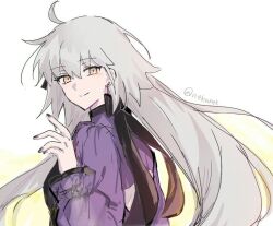 1girl ahoge black_dress breasts dress earrings fate/grand_order fate_(series) grey_hair jeanne_d&#039;arc_alter_(fate) jewelry large_breasts long_hair long_sleeves looking_at_viewer nekwnek purple_sleeves smile solo very_long_hair yellow_eyes