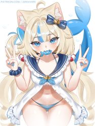 1girl :3 ahoge animal_ears arraveri bikini blonde_hair blue_bikini blue_eyes blue_hair blue_nails blush breasts cat_ears fins fish fish_girl fish_tail hair_ornament highres indie_virtual_youtuber light_blush long_hair looking_at_viewer multicolored_hair nail_polish patreon_username sameko_saba small_breasts solo streaked_hair swimsuit tail v virtual_youtuber white_background
