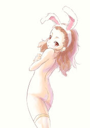 1girl :p arched_back ass blush blz brown_eyes brown_hair covering_breasts covering_privates facing_away idolmaster idolmaster_cinderella_girls looking_at_viewer nude seki_hiromi simple_background thighhighs thighs tongue tongue_out white_background
