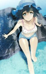 1girl :3 absurdres aqua_eyes arm_support bare_legs bare_shoulders bikini black_hair blue_choker blue_eyes blue_hat blue_swim_trunks breasts choker cleavage collarbone foreshortening frilled_bikini frilled_bikini_top frilled_hat frills from_above hair_between_eyes hat highres huke knees large_breasts looking_up male_swimwear medium_breasts midriff multiple_hat_bows navel non-web_source official_art partially_submerged pink_lips polka_dot polka_dot_bikini shiina_mayuri shiny_lips shiny_skin short_hair shorts sitting smile soaking_feet solo steins;gate steins;gate:_my_darling&#039;s_embrace stomach swim_trunks swimsuit thick_eyebrows thick_thighs thighs water