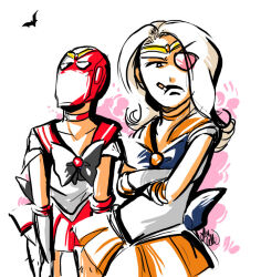 1boy 1girl bat_(animal) cigarette cropped_legs crossdressing crossed_arms dc_comics doodle eyepatch hairy_legs helmet jason_todd okelleok red_helmet rose_wilson sailor_mars_(cosplay) sailor_venus sketch smoking_cigarette