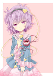 1girl black_hairband blue_shirt border buttons collar commentary_request drop_shadow floral_print floral_print_skirt frilled_collar frilled_sleeves frills hair_ornament hairband heart heart_button heart_hair_ornament highres komeiji_satori komiru looking_at_viewer pink_background pink_collar print_skirt purple_eyes purple_hair red_eyes shirt skirt smile solo third_eye touhou white_border