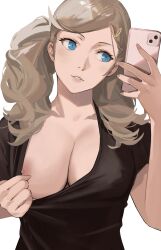 1girl absurdres black_shirt blonde_hair blue_eyes breasts cellphone cleavage flashing highres holding holding_phone j@ck large_breasts light_smile looking_at_phone nipples no_bra non-web_source persona persona_5 phone pulling_own_clothes selfie shirt smartphone takamaki_anne twintails white_background