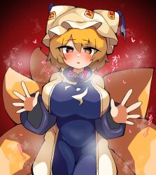 1girl blonde_hair blue_tabard blush breasts cowboy_shot eyes_visible_through_hair fox_tail hair_between_eyes hari_oekaki hat heart heart-shaped_eyes highres incoming_hug large_breasts looking_at_viewer loving_aura mob_cap multiple_tails open_mouth red_background slit_pupils solo standing steam sweat tabard tail touhou white_hat yakumo_ran yellow_eyes yellow_fur