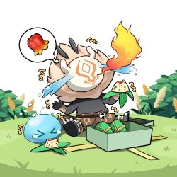 &gt;_&lt; black_skin breath_weapon breathing_fire chili_pepper colored_skin crying fire food genshin_impact highres hilichurl_(genshin_impact) leaf mask official_art onigiri outdoors sitting slime_(genshin_impact) slime_(substance) tears tribal