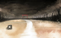 Rule 34 | akyuun, cloud, cloudy sky, forest of magic, grass, highres, no humans, path, road, scenery, sky, torii, touhou, tree