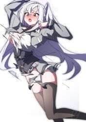 1girl absurdres black_jacket black_panties blue_archive blush breasts grey_hair hair_between_eyes halo head_wings highres jacket large_breasts long_hair long_sleeves open_clothes open_jacket panties red_eyes school_uniform shirt simple_background single_head_wing skirt solo suzumi_(blue_archive) thighhighs to_(tototo_tk) torn_clothes torn_shirt underwear very_long_hair white_background white_shirt wings