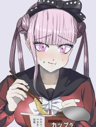 black_bow blush bow chopsticks eating fingernails food hair_bow highres holding holding_chopsticks japanese_text long_sleeves looking_at_viewer matching_hair/eyes noodles pink_eyes pink_hair ramen simple_background the_hundred_line_-last_defense_academy- tsukumo_kako white_background