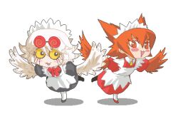 2girls :3 :d apron ascot bent_over bird_wings black_dress black_eyes black_footwear blush_stickers bow bowtie coke-bottle_glasses collared_dress colored_sclera contrast_collar dress eyewear_on_head feathered_wings futaba_channel glasses hair_between_eyes hair_ears harpy jaggy_lines leg_up lowres maid maid_apron maid_headdress monster_girl multiple_girls nijiura_maids no_nose open_mouth orange_eyes orange_hair orange_wings oso_(toolate) owl_girl pantyhose puffy_short_sleeves puffy_sleeves red_bow red_bowtie red_dress red_footwear shadow shoes short_hair short_sleeves simple_background smile standing standing_on_one_leg suzaku_(nijiura_maids) white_background white_hair white_pantyhose white_wings wings yabai yellow_ascot yellow_sclera
