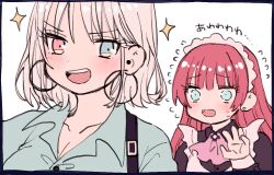 2girls amane_(7783) ascot black_dress blue_eyes blue_shirt blush breasts cleavage commentary_request dress earrings fangs heterochromia jewelry long_hair maid maid_headdress multiple_girls nervous_sweating open_mouth original pink_ascot pink_eyes red_hair shirt short_hair sweat translation_request white_hair