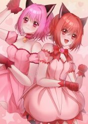 Rule 34 | 2girls, animal ears, arm up, bare shoulders, blush, bow, breasts, cat ears, cat girl, cat tail, choker, cleavage, closed mouth, collarbone, dress, gloves, hair between eyes, highres, medium breasts, mew ichigo, momomiya ichigo, multiple girls, open mouth, paw pose, pink background, pink choker, pink dress, pink eyes, pink hair, red bow, red eyes, red gloves, red hair, short hair, strapless, strapless dress, tail, tokyo mew mew, tokyo mew mew new, yanluicarolchi1