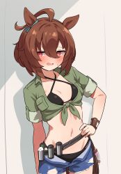 1girl absurdres agnes_tachyon_(umamusume) ahoge animal_ears averting_eyes belt bikini black_belt black_bikini blue_ribbon blue_shorts blush bow breasts brown_hair cleavage collarbone creature cropped_jacket ear_ribbon hair_between_eyes hand_on_own_hip highres huge_ahoge jacket medium_breasts navel open_fly red_eyes ribbon rotasu_(rotasqqfv) short_hair short_sleeves shorts sleeves_rolled_up solo standing sweatdrop swimsuit tied_jacket torn_clothes torn_shorts umamusume