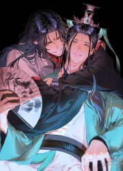 2boys 6uoou absurdres arms_around_neck black_background black_hair black_hanfu black_sash chinese_clothes coat cowboy_shot facial_mark folding_fan forehead_mark green_eyes green_hanfu green_ribbon grin hand_fan hanfu highres holding holding_fan korean_commentary long_hair long_sleeves looking_at_viewer luo_binghe male_focus multiple_boys red_eyes renzha_fanpai_zijiu_xitong ribbon ribboned_xiao_guan sash shen_qingqiu smile topknot white_coat wide_sleeves xiao_guan_(headdress) zuiyin