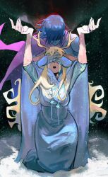 1girl 1other antlers arms_up blonde_hair blue_hair bourbonciely breasts cape commentary covering_another&#039;s_eyes deer_antlers deer_girl deltarune english_commentary furry furry_female highres horns jewelry kneeling kris_(dark_world)_(deltarune) kris_(deltarune) long_hair noelle_holiday noelle_holiday_(dark_world) open_mouth pink_cape ring robe short_hair snow snowing tears thorn_ring_(deltarune) weird_route_(deltarune) white_robe