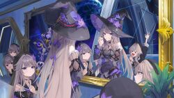 &gt;_&lt; 1girl absurdres bare_shoulders black_dress black_hat brown_hair closed_mouth detached_sleeves doll dress flower hat hat_flower herta_(honkai:_star_rail) herta_(puppet)_(honkai:_star_rail) highres honkai:_star_rail honkai_(series) long_hair long_sleeves looking_at_another open_mouth purple_eyes purple_flower reflection rosu_1109 smile the_herta_(honkai:_star_rail) witch_hat