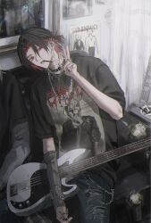 Rule 34 | 2boys, arm warmers, ashtray, bass guitar, black choker, black hair, black nails, black shirt, chain, chain bracelet, chain necklace, choker, cigarette, commentary, couch, cross, cross earrings, cross necklace, denim, ear piercing, earrings, electric guitar, emo fashion, eyeshadow, fangs, grey arm warmers, guitar, hair between eyes, highres, indoors, instrument, jeans, jewelry, looking to the side, makeup, male focus, multicolored hair, multiple boys, multiple rings, necklace, on couch, original, pants, parted lips, piercing, poster (object), print shirt, red eyes, red hair, ring, shirt, sitting, smoke, solo focus, st31010, stud earrings, symbol-only commentary, torn clothes, torn jeans, torn pants, two-tone hair, upper body, v, window