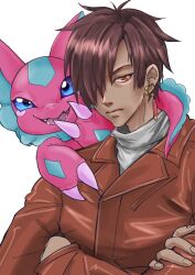 1boy 1girl blue_eyes brown_eyes brown_hair brown_jacket dark-skinned_male dark_skin digimon digimon_card_game digimon_liberator elizamon fangs fins head_fins highres jacket lizard minmin_(mtnr-minmin) owen_dreadnought pink_scales short_hair simple_background upper_body white_background