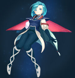 1girl armor blue_eyes blue_hair blush breasts cape closed_mouth earrings full_body gloves grandia grandia_i jewelry leen_(grandia) looking_at_viewer medium_breasts purea short_hair solo wings