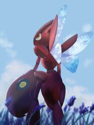 blurry blurry_foreground bug colored_skin cowboy_shot from_behind gen_2_pokemon highres insect_wings nintendo on_grass orange_eyes pokemon pokemon_(creature) red_skin redamber334 scizor solo standing wings