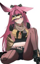 1girl absurdres animal_ears ankle_boots arknights black_boots black_shirt black_shorts blush boots breasts brown_pantyhose closed_mouth commentary_request front-seamed_legwear groin hair_between_eyes hair_intakes highres knee_up large_breasts long_hair looking_at_viewer micro_shorts midriff multicolored_hair navel nekomatamago pantyhose pink_hair purple_eyes purple_hair ray_(arknights) seamed_legwear shirt short_sleeves shorts simple_background single_ear_down sitting solo streaked_hair visor_cap whistle whistle_around_neck white_background